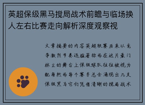 英超保级黑马搅局战术前瞻与临场换人左右比赛走向解析深度观察视 英超保级黑马搅局战术前瞻与临场换人左右比赛走向解析深度观察视